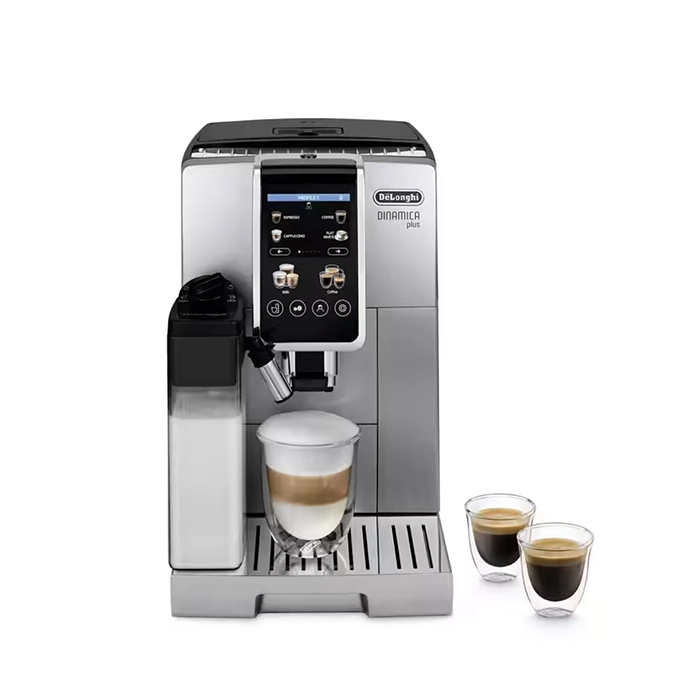 A sleek DeLonghi Dinamica Plus automatic coffee machine in titanium grey, showcasing its modern design and touch screen A sleek DeLonghi Dinamica Plus automatic coffee machine in titanium grey, showcasing its modern design and touch screen