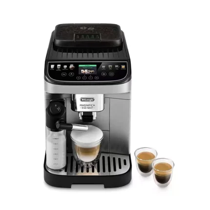 A sleek DeLonghi Magnifica Evo Next automatic espresso machine on a countertop, showcasing its modern design and TFT screen