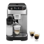 A sleek DeLonghi Magnifica Plus automatic coffee machine, showcasing its touchscreen display and integrated milk carafe