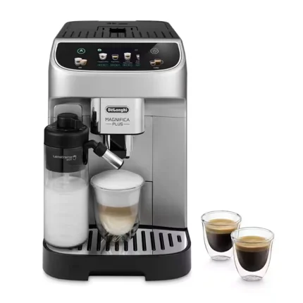A sleek DeLonghi Magnifica Plus automatic coffee machine, showcasing its touchscreen display and integrated milk carafe