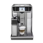 A sleek DeLonghi PrimaDonna Elite automatic espresso machine, showcasing its prominent 3.5” TFT display