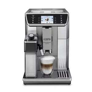 A sleek DeLonghi PrimaDonna Elite automatic espresso machine, showcasing its prominent 3.5” TFT display