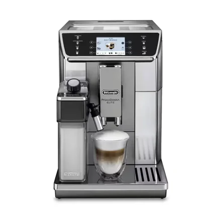 A sleek DeLonghi PrimaDonna Elite automatic espresso machine, showcasing its prominent 3.5” TFT display