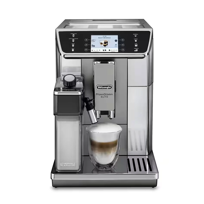 A sleek DeLonghi PrimaDonna Elite automatic espresso machine, showcasing its prominent 3.5” TFT display A sleek DeLonghi PrimaDonna Elite automatic espresso machine, showcasing its prominent 3.5” TFT display