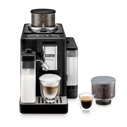A sleek, DeLonghi Rivelia Black automatic coffee machine on a countertop, showcasing its compact design and prominent touchscreen
