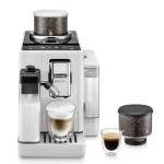 A sleek, DeLonghi Rivelia White automatic coffee machine on a countertop, showcasing its compact design and prominent touchscreen