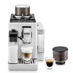 A sleek, DeLonghi Rivelia White automatic coffee machine on a countertop, showcasing its compact design and prominent touchscreen
