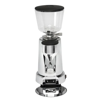 A sleek, ECM V Titan 64 Espresso Grinder Stainless, showcasing its retro-inspired design and prominent hopper