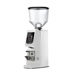 A sleek, Eureka Atom Excellence 65 White espresso grinder on a countertop, highlighting its sturdy build