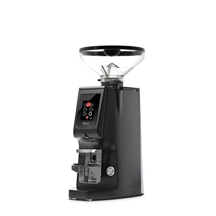 A sleek, Eureka Atom W 65 espresso grinder black on a counter, highlighting its compact design