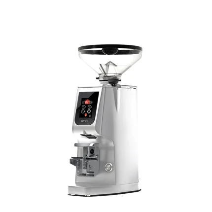 A sleek, Eureka Atom W 75 espresso grinder Chrome on a counter, highlighting its compact design