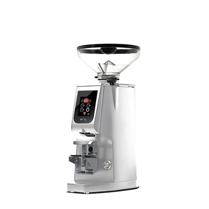 A sleek, Eureka Atom W 75 espresso grinder Chrome on a counter, highlighting its compact design A sleek, Eureka Atom W 75 espresso grinder Chrome on a counter, highlighting its compact design