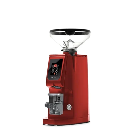 A sleek, Eureka Atom W 75 espresso grinder Red on a counter, highlighting its compact design