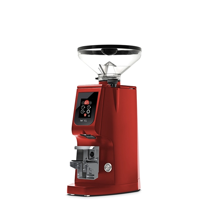 A sleek, Eureka Atom W 75 espresso grinder Red on a counter, highlighting its compact design A sleek, Eureka Atom W 75 espresso grinder Red on a counter, highlighting its compact design
