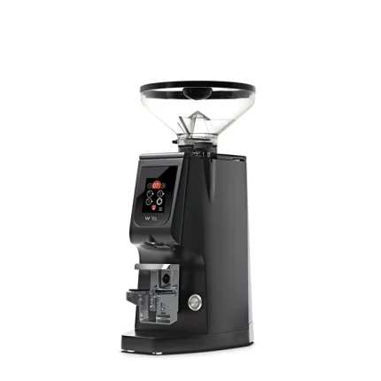 A sleek, Eureka Atom W 75 espresso grinder black on a counter, highlighting its compact design