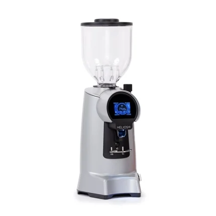 A sleek, Eureka Helios 65 espresso grinder Grey, highlighting its large bean hopper and prominent touchscreen