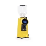 A sleek, Eureka Helios 65 espresso grinder Yellow, highlighting its large bean hopper and prominent touchscreen