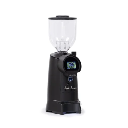 A sleek, Eureka Helios 65 espresso grinder black, highlighting its large bean hopper and prominent touchscreen