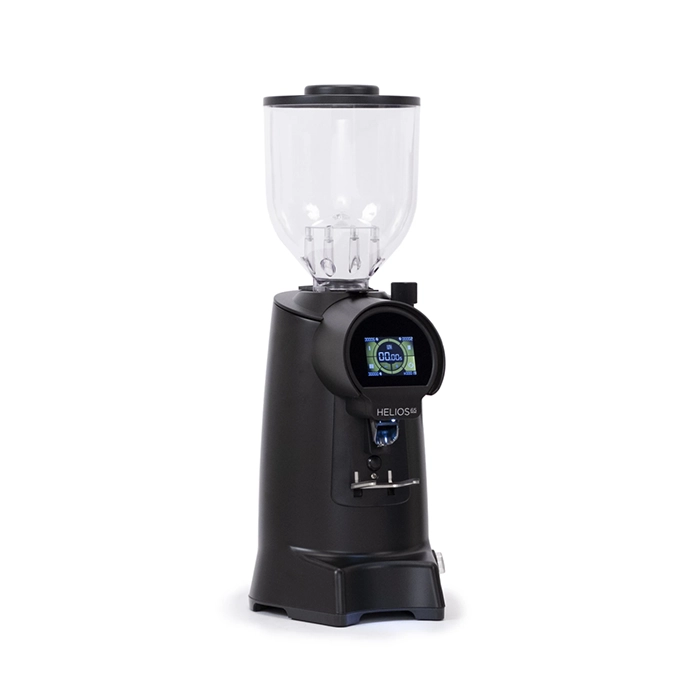 A sleek, Eureka Helios 65 espresso grinder black, highlighting its large bean hopper and prominent touchscreen A sleek, Eureka Helios 65 espresso grinder black, highlighting its large bean hopper and prominent touchscreen