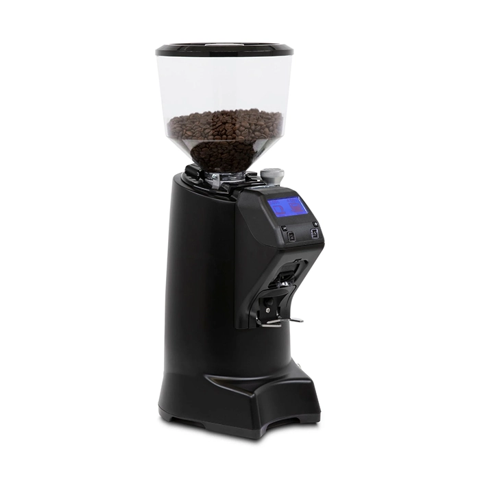 A sleek, Eureka Olympus 75 NEO black on a counter, with its large bean hopper A sleek, Eureka Olympus 75 NEO black on a counter, with its large bean hopper