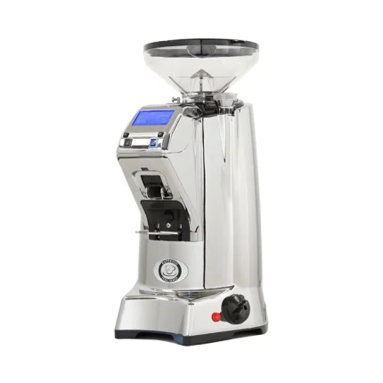 A sleek, Eureka Zenith 65E espresso grinder chrome, showcasing its modern design and bean hopper
