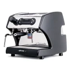 A sleek, LUCCA A53 Direct Plumb Black espresso machine, showcasing its compact size and professional design