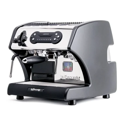A sleek, LUCCA A53 Mini V2 Black espresso machine, showcasing its compact size and modern design