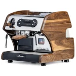 A sleek, LUCCA A53 Mini V2 Walnut espresso machine, showcasing its compact size and modern design