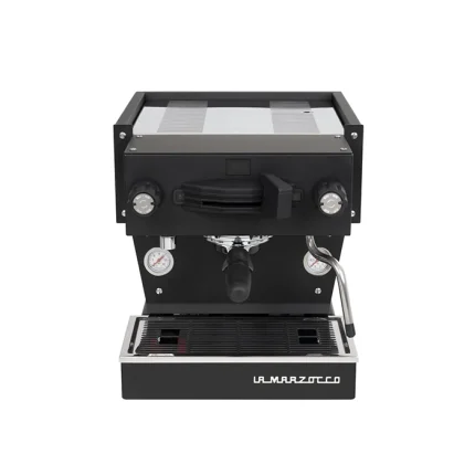 A sleek, La Marzocco Linea Mini R Black espresso machine with its iconic design, side panels, and group head