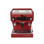 A sleek, La Marzocco Linea Mini R Red espresso machine with its iconic design, side panels, and group head