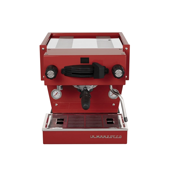 A sleek, La Marzocco Linea Mini R Red espresso machine with its iconic design, side panels, and group head