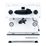 A sleek, La Marzocco Linea Mini R White espresso machine with its iconic design, side panels, and group head