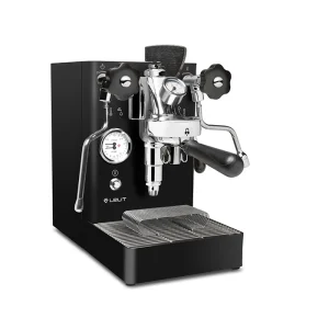 A sleek, Lelit Mara X Espresso Machine Black, showcasing its compact stainless steel exterior and E61 group head