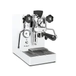 A sleek, Lelit Mara X Espresso Machine White, showcasing its compact stainless steel exterior and E61 group head
