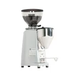 A sleek Mazzer Mini Electronic Type B espresso grinder in black, showcasing its short hopper and portafilter fork