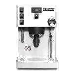A sleek, Rancilio Silvia Pro X Espresso Machine White, showcasing its compact design and prominent pressure gauge