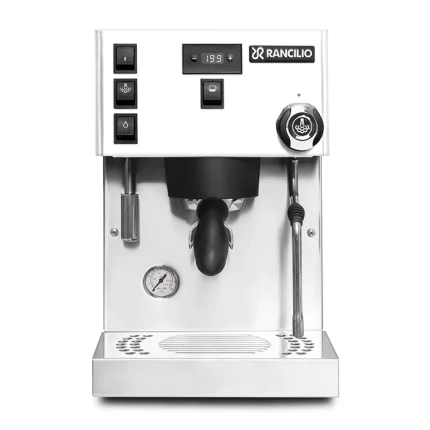 A sleek, Rancilio Silvia Pro X Espresso Machine White, showcasing its compact design and prominent pressure gauge
