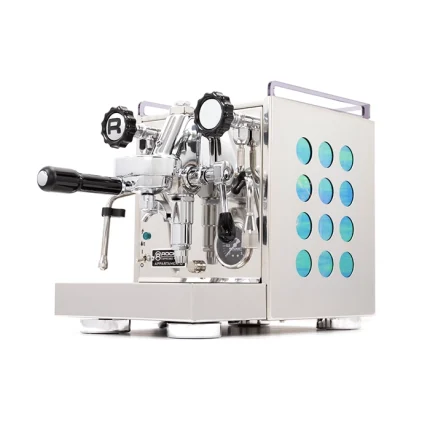 A sleek, Rocket Espresso Appartamento Iridescent with distinctive iridescent side panels, showcasing its unique color-shifting effect