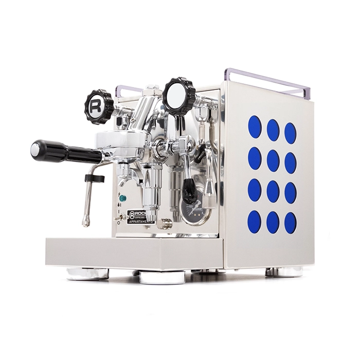 A sleek, Rocket Espresso Appartamento Sapphire with distinctive sapphire blue side panels, showcasing its unique color