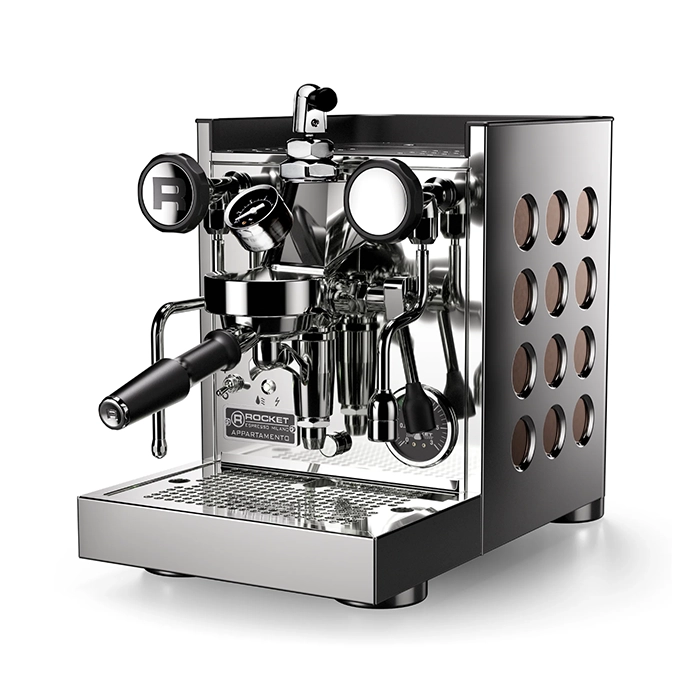 A sleek, Rocket Espresso Appartamento TCA Copper, showcasing its streamlined panels and angular E61 group