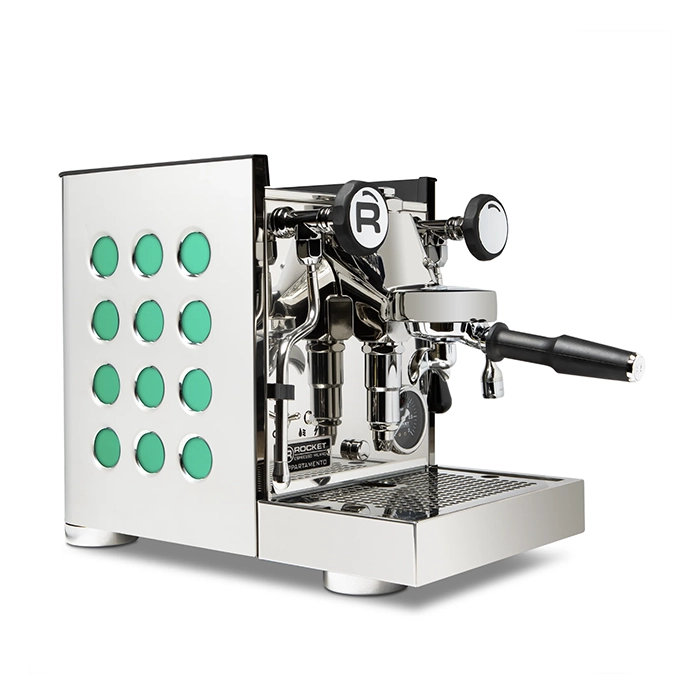 A sleek, Rocket Espresso Appartamento TCA Emerald, showcasing its streamlined panels and angular E61 group