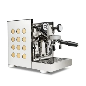 A sleek, Rocket Espresso Appartamento TCA Gold, showcasing its streamlined panels and angular E61 group