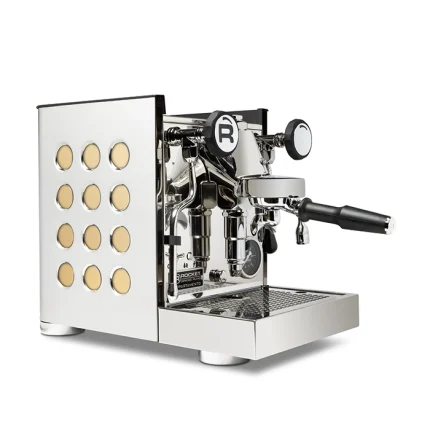 A sleek, Rocket Espresso Appartamento TCA Gold, showcasing its streamlined panels and angular E61 group