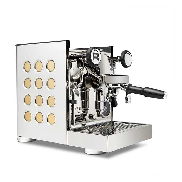 A sleek, Rocket Espresso Appartamento TCA Gold, showcasing its streamlined panels and angular E61 group