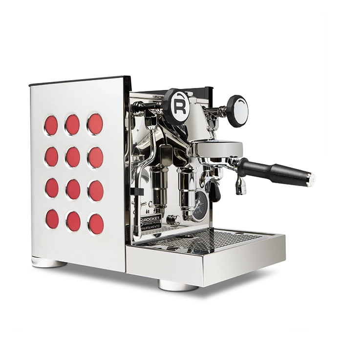 A sleek, Rocket Espresso Appartamento TCA Ruby, showcasing its streamlined panels and angular E61 group