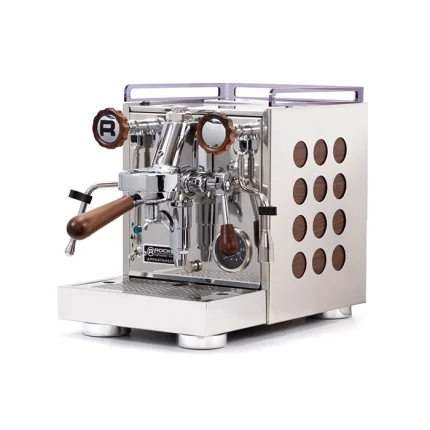 A sleek, Rocket Espresso Appartamento Walnut with distinctive walnut wood accents on its side panels and knobs
