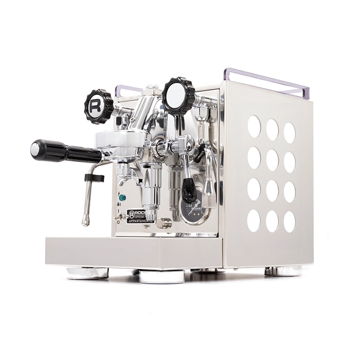 A sleek, Rocket Espresso Appartamento White, showcasing its compact size and distinctive laser-cut side panels