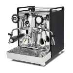 A sleek, Rocket Espresso Mozzafiato Cronometro V Black espresso machine, showcasing its traditional flat panel design