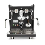 A sleek, polished ECM Synchronika Espresso Machine Black, showcasing its dual gauges and E61 group head, with wood accents