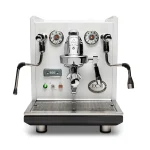 A sleek, polished ECM Synchronika Espresso Machine White espresso machine in white, showcasing its dual gauges and E61 group head